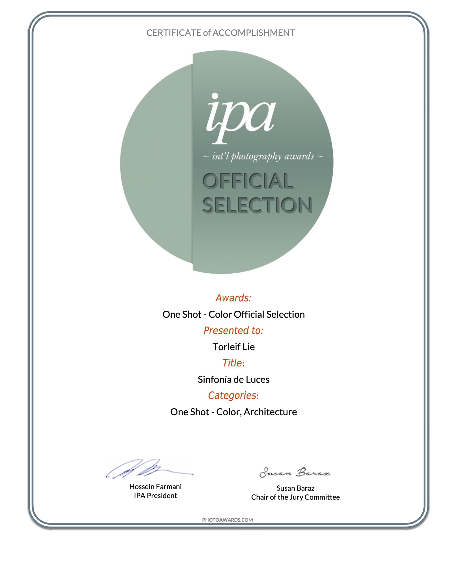 IPA Oneshot Color Certificate